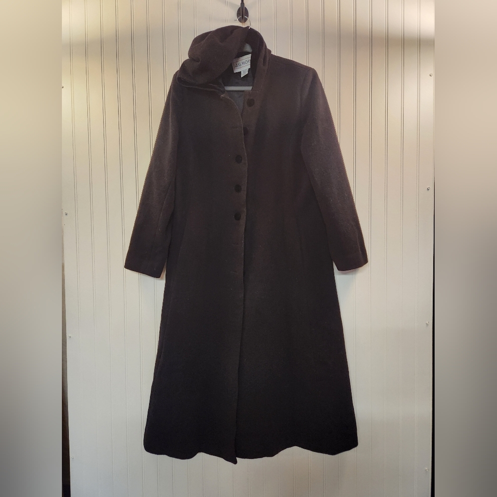 Vintage JG Hook Women's Black 100% Wool Coat Velvet Lined Hood Size 10 Tall Warm